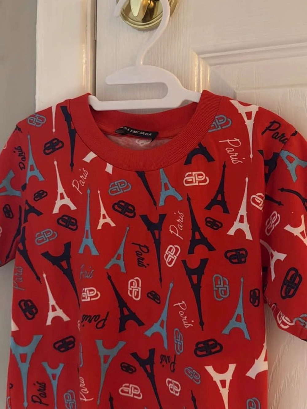 Balenciaga Kids Red Eiffel Tower Graphic Tee with Blue & White Accents